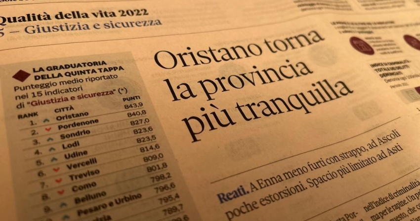 Qualità della vita - Oristano si conferma provincia più sicura d’Italia